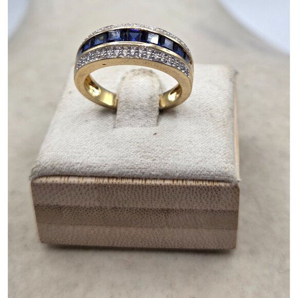 Ring 14K Yellow Gold Over 925 Stamped Princess Lab Created Sapphire & Cubic Zirc - Picture 4 of 7